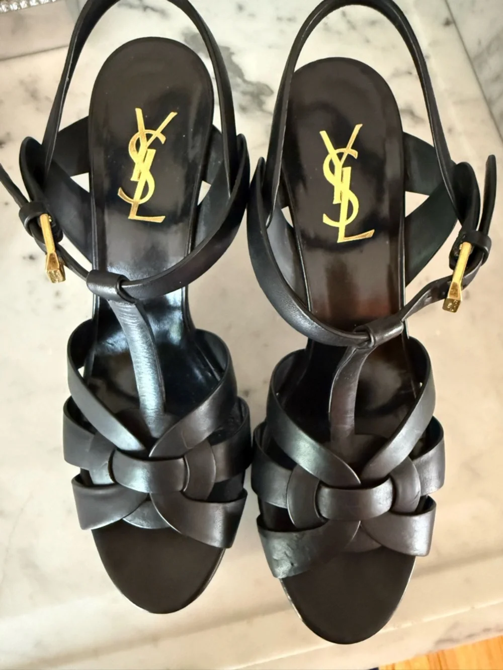 Saint Laurent Black Leather Knotted T-Strap Platform Sandal - Picture 6 of 12